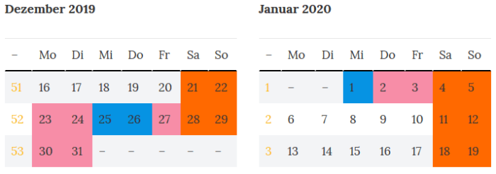 Bremen Brueckentage zur Jahreswende 2019 - 2020