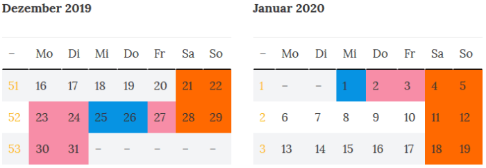 Sachsen Brueckentage Dez. 2019 - Jan. 2020