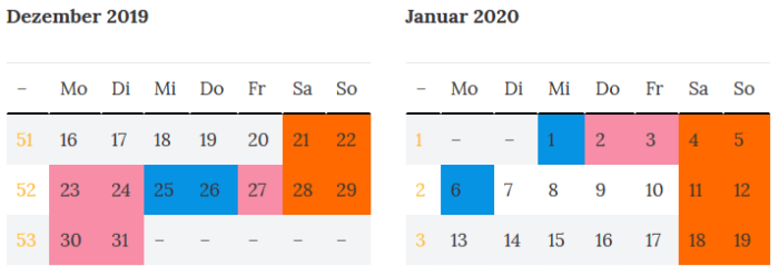 Thueringen Brueckentage um die Jahreswende 2019 -2020
